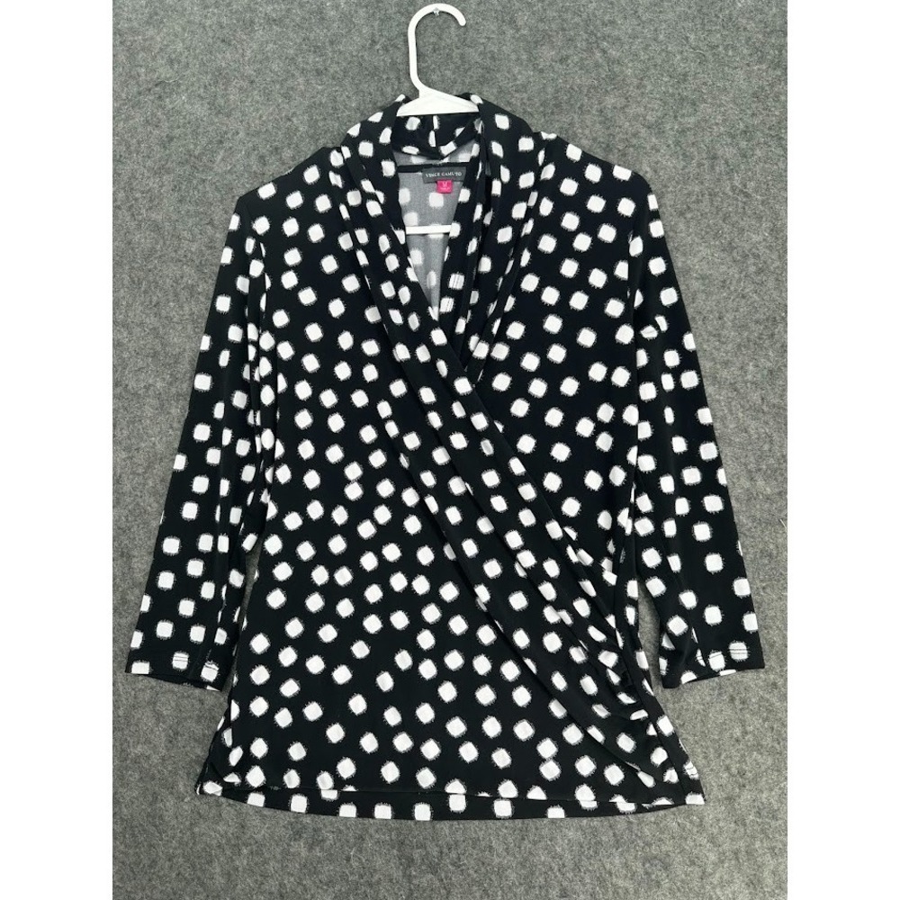 Vince Camuto Wrap Blouse M Black White Polka Dot Elegant Designer Top‎ Stretch